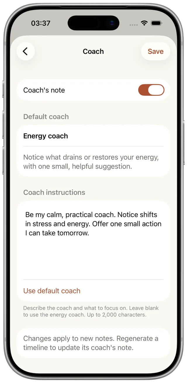 Flecty coach settings with editable instructions and an option to turn coaching off