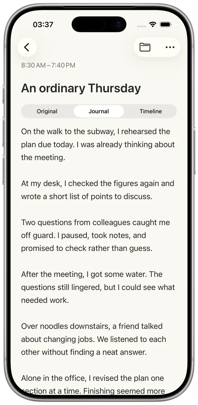 Native Flecty journal reading view showing a fictional day written as a journal