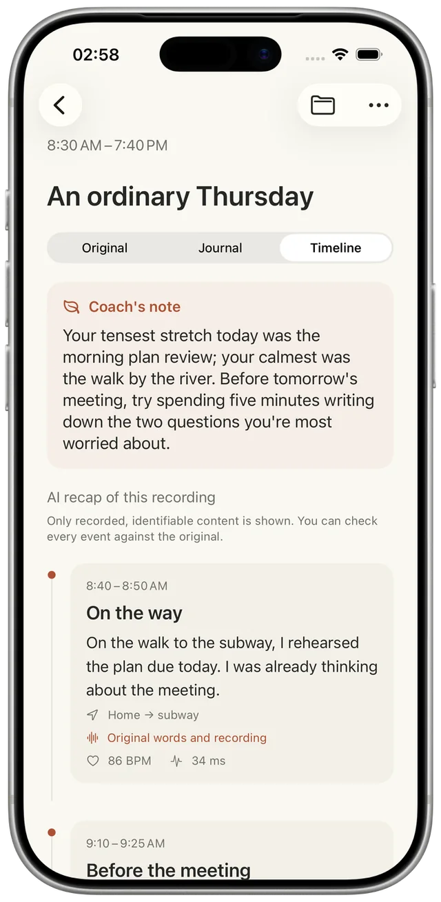 Native Flecty example timeline with event cards and optional heart rate and HRV